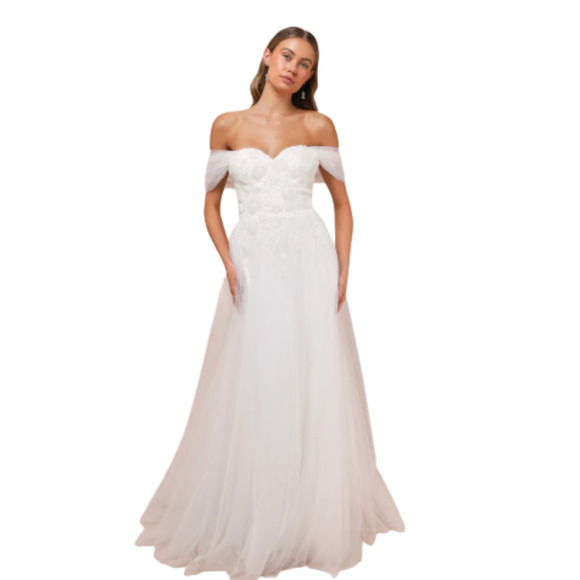 Lulus Dresses & Skirts - Lulus Blissfully Romantic White Tulle Off-the-Shoulder Maxi Dress Sz L #0513
